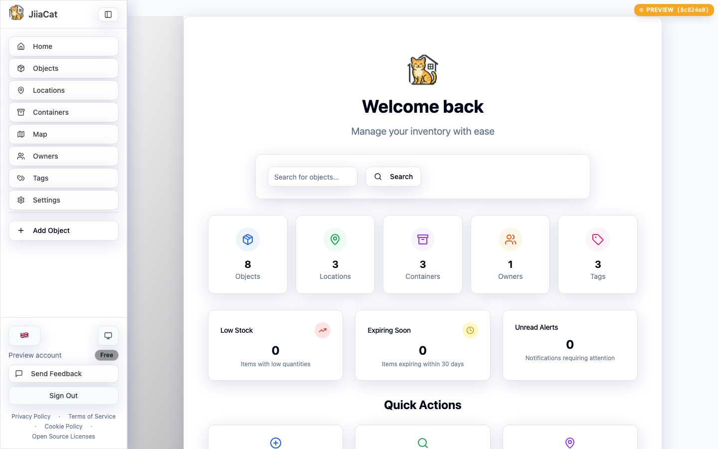 JiiaCat Home dashboard showing organized inventory